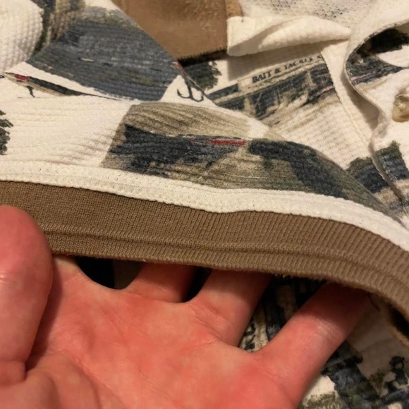 VTG 90s Puritan Fishing Lure bait and tackle shop AOP cuffed polo tee shirt XL - Picture 3 of 4